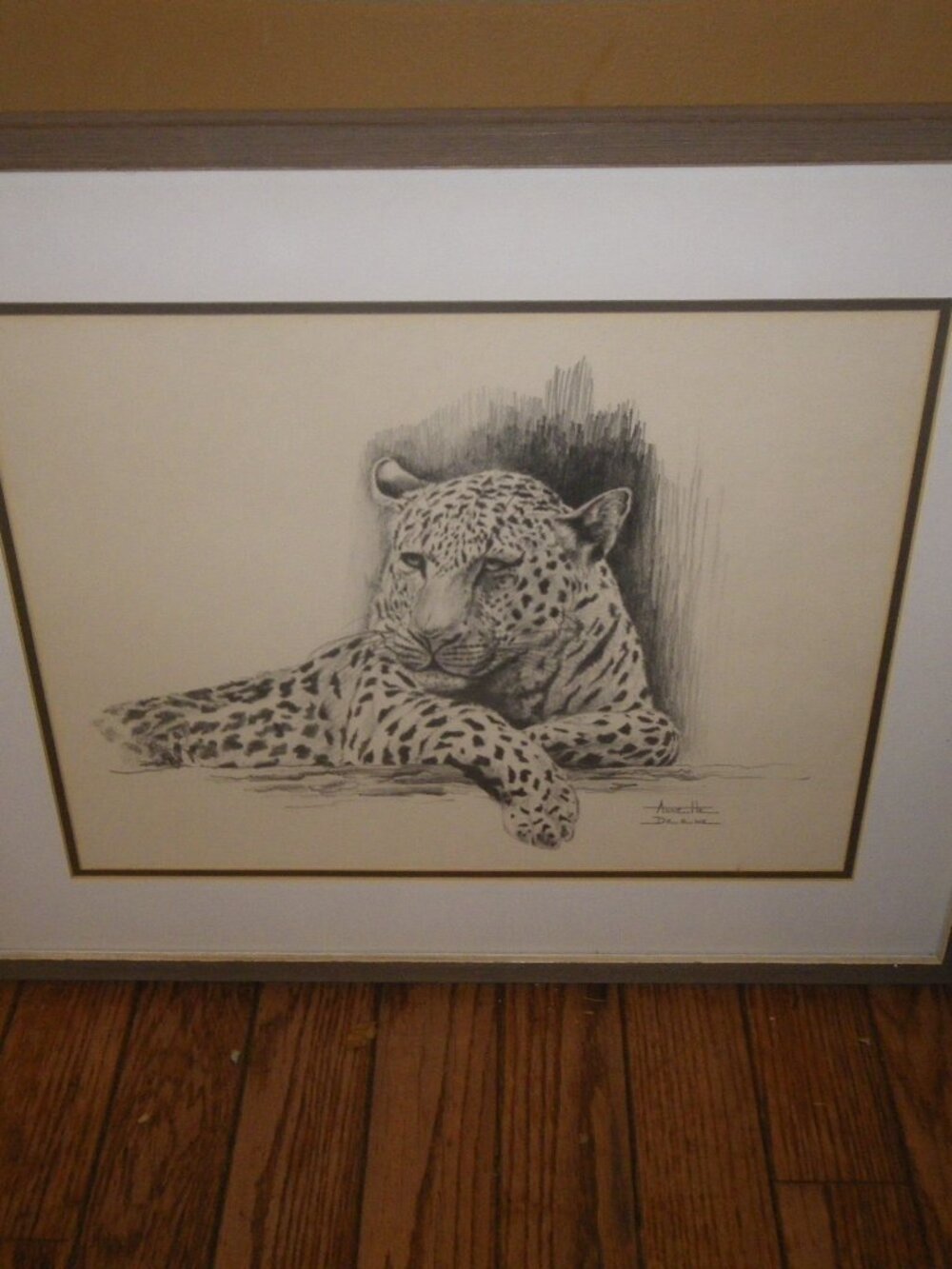 Vintage Charcoal Drawing Leopard Framed Matted Signed COA Los Angles California